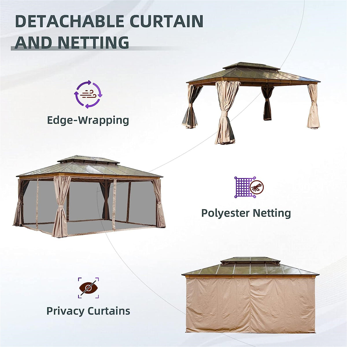 12X16Ft Hardtop Gazebo, Permanent Outdoor Gazebo With Polycarbonate Double Roof, Aluminum Gazebo Pavilion With Curtain And Net For Garden, Patio, Lawns, Deck, Backyard Wood Looking Yellow Brown Metal