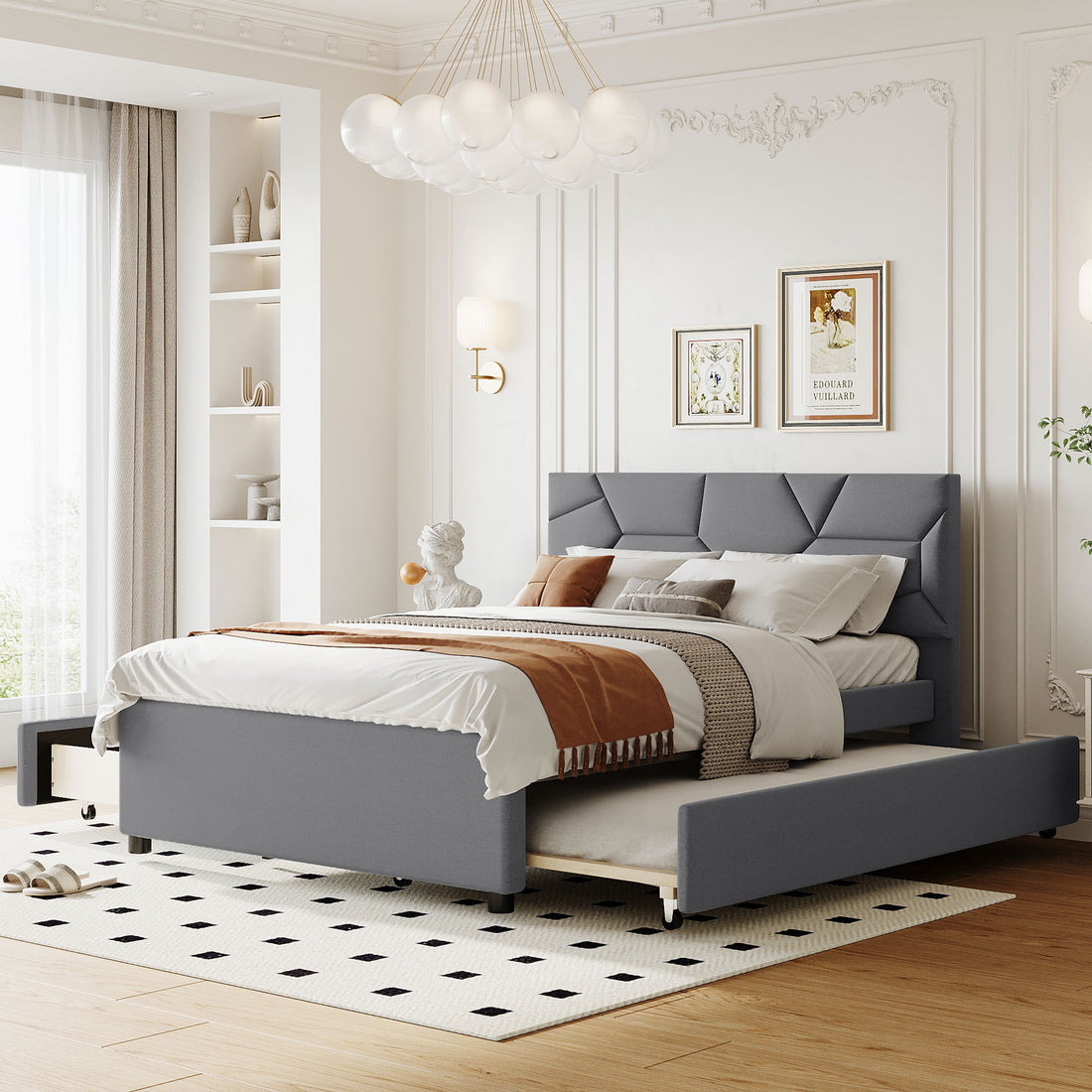 Full Size Upholstered Platform Bed With Brick Pattern Headboard, With Twin Size Trundle And 2 Drawers, Linen Fabric, Gray Gray Linen