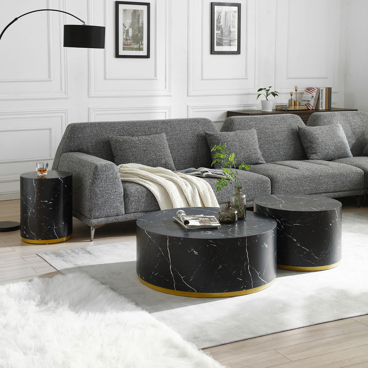 Modern Faux Marble Coffee Tables For Living Room, 35.43Inch Accent Tea Tables With Gold Metal Base Black Black Mdf