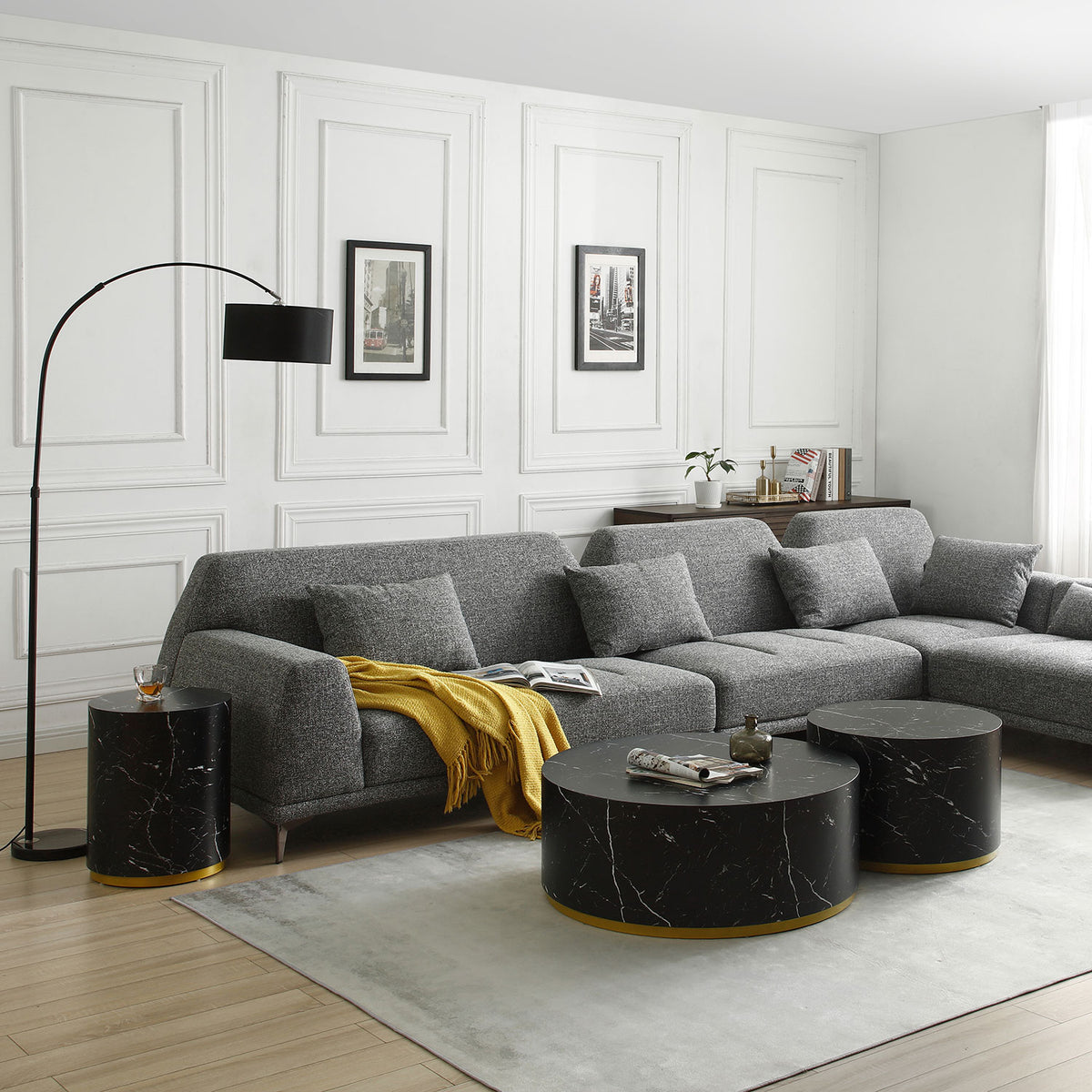 Modern Faux Marble Coffee Tables For Living Room, 35.43Inch Accent Tea Tables With Gold Metal Base Black Black Mdf