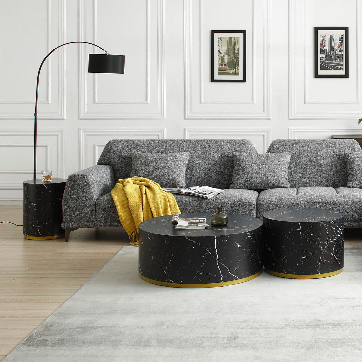 Modern Faux Marble Coffee Tables For Living Room, 35.43Inch Accent Tea Tables With Gold Metal Base Black Black Mdf