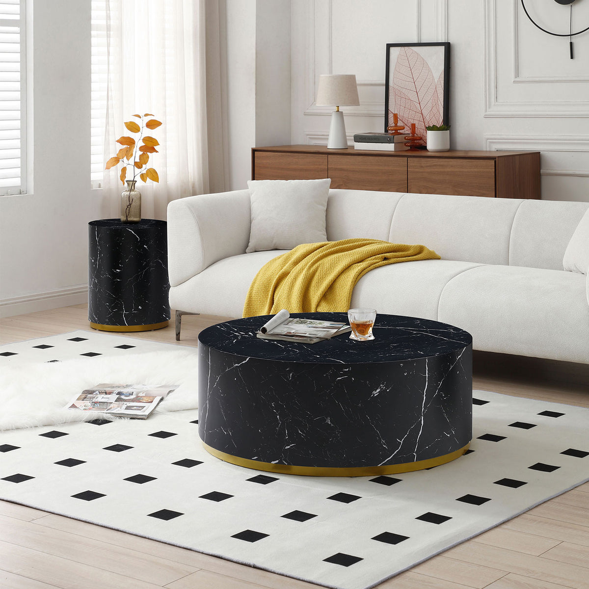Modern Faux Marble Coffee Tables For Living Room, 35.43Inch Accent Tea Tables With Gold Metal Base Black Black Mdf