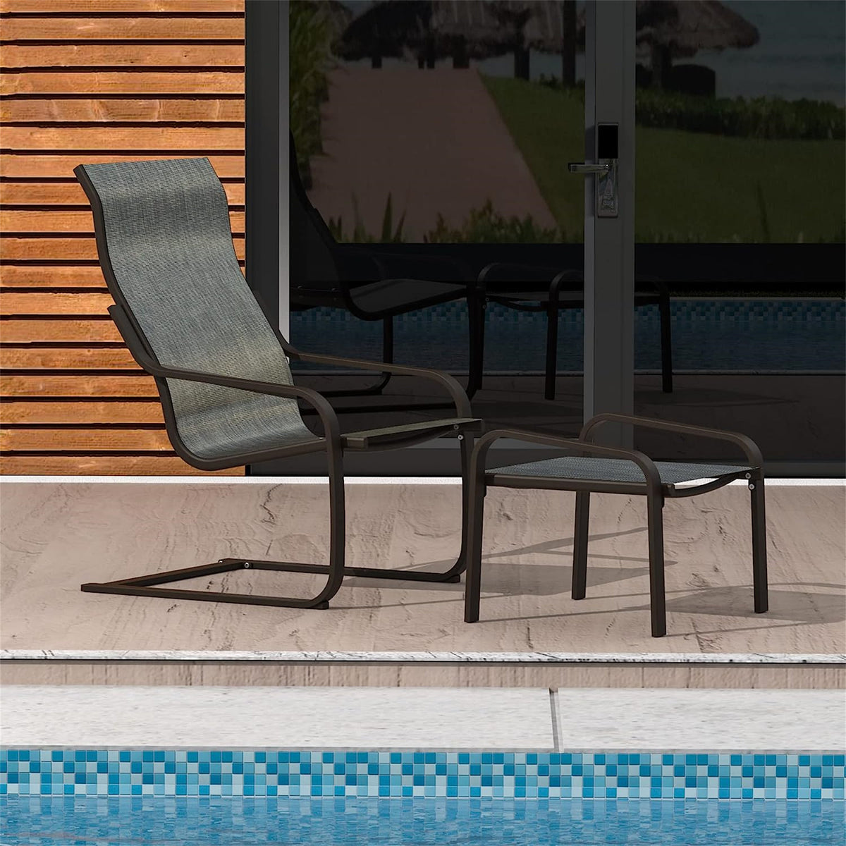Outdoor Patio Bistro Set Of 2, C Spring Motion Chair, All Weather Conversation Armchair With Ottoman & Quick Dry Textile For Porch,Deck,Yard,Garden,Lawn 1 Chair 1 Ottoman Dark Gray Metal