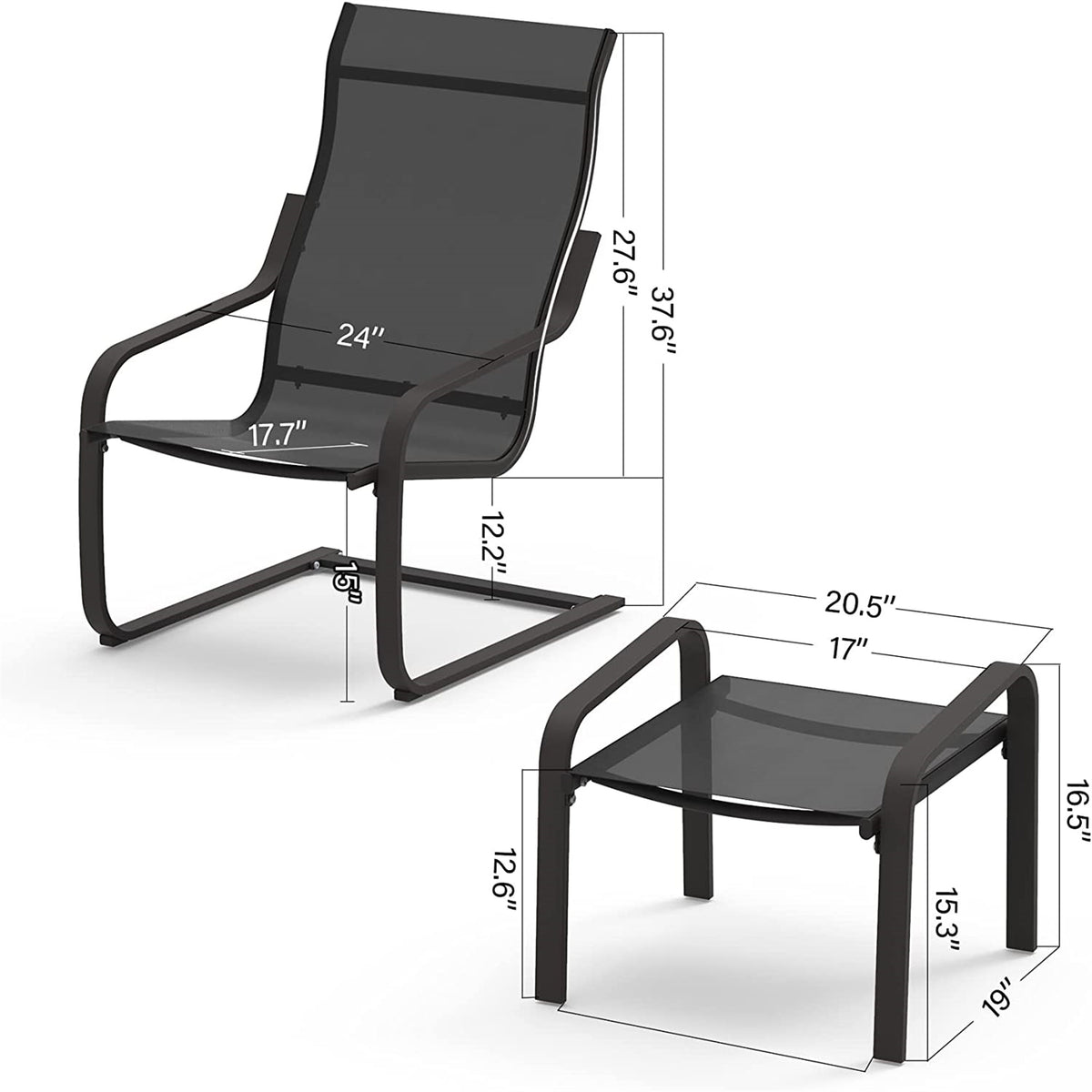 Outdoor Patio Bistro Set Of 2, C Spring Motion Chair, All Weather Conversation Armchair With Ottoman & Quick Dry Textile For Porch,Deck,Yard,Garden,Lawn 1 Chair 1 Ottoman Dark Gray Metal