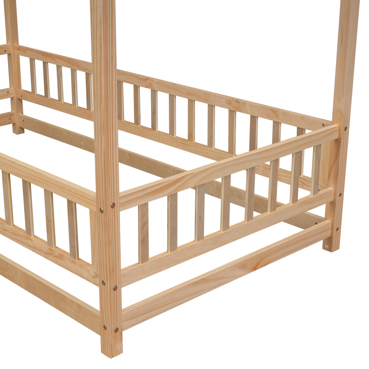 Twin Size Floor Wooden Bed With House Roof Frame, Fence Guardrails, Old Sku:W504105240 Twin Natural Pine