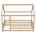 Twin Size Floor Wooden Bed With House Roof Frame, Fence Guardrails, Old Sku:W504105240 Twin Natural Pine