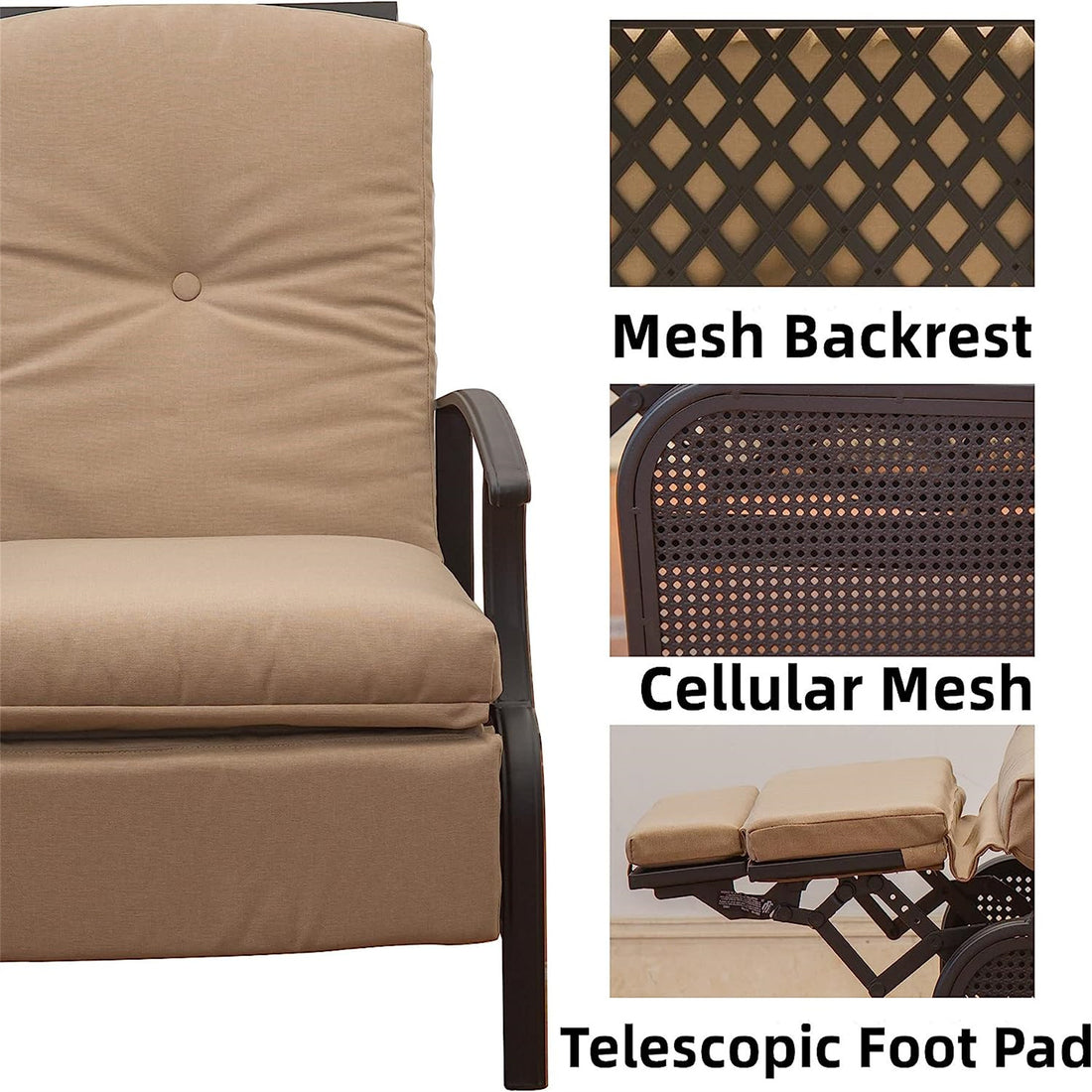 Patio Recliner Chair With Cushions,Outdoor Adjustable Lounge Chair,Reclining Patio Chairs With Strong Extendable Metal Frame For Reading,Garden,Lawn Khaki, 1 Chair Khaki Metal