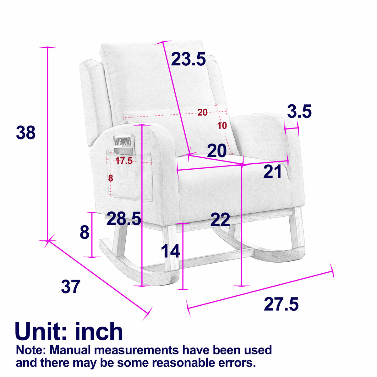 Video Welike 27.5 "W Modern Accent High Back Living Room Casual Armchair Rocker With One Lumbar Pillow, Two Side Pockets,Teddy. Pink Teddy Foam Fabric