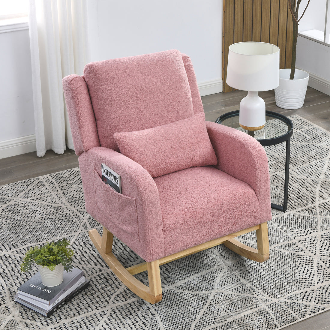 Video Welike 27.5 "W Modern Accent High Back Living Room Casual Armchair Rocker With One Lumbar Pillow, Two Side Pockets,Teddy. Pink Teddy Foam Fabric