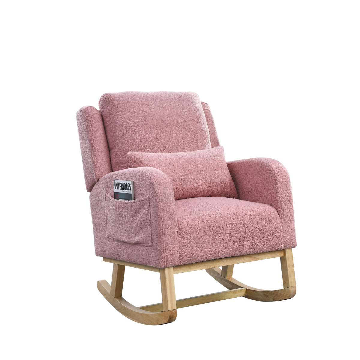 Video Welike 27.5 "W Modern Accent High Back Living Room Casual Armchair Rocker With One Lumbar Pillow, Two Side Pockets,Teddy. Pink Teddy Foam Fabric