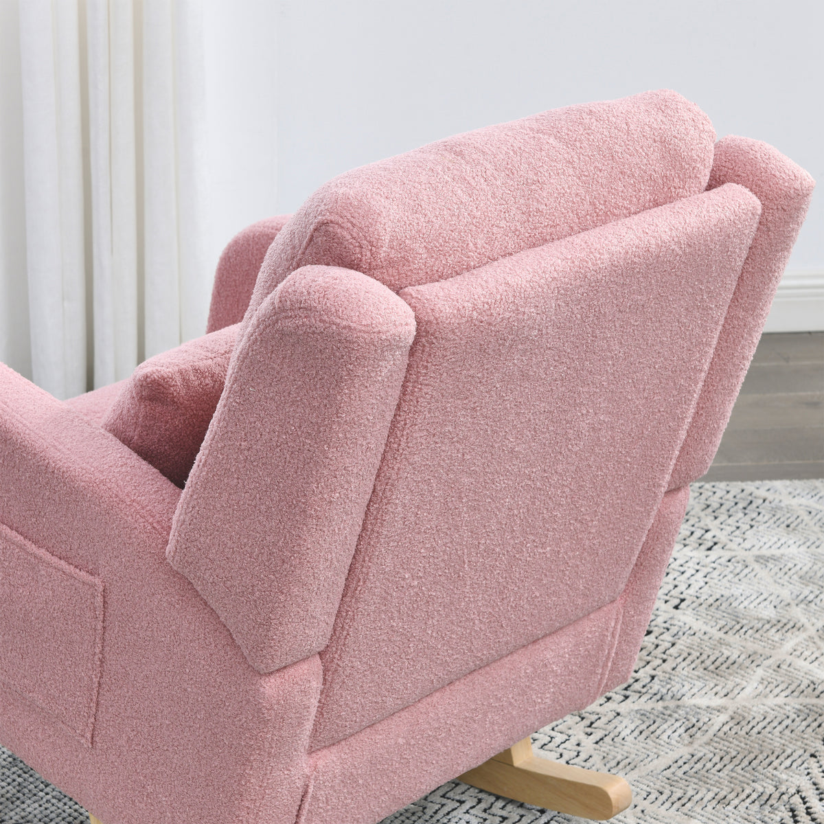 Video Welike 27.5 "W Modern Accent High Back Living Room Casual Armchair Rocker With One Lumbar Pillow, Two Side Pockets,Teddy. Pink Teddy Foam Fabric