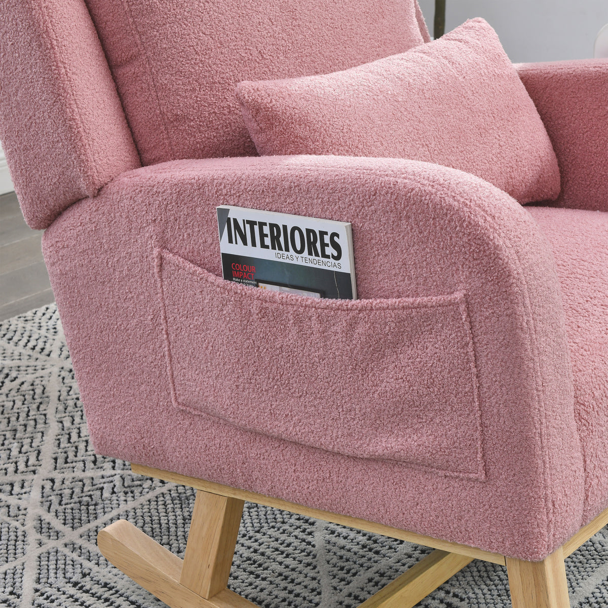 Video Welike 27.5 "W Modern Accent High Back Living Room Casual Armchair Rocker With One Lumbar Pillow, Two Side Pockets,Teddy. Pink Teddy Foam Fabric