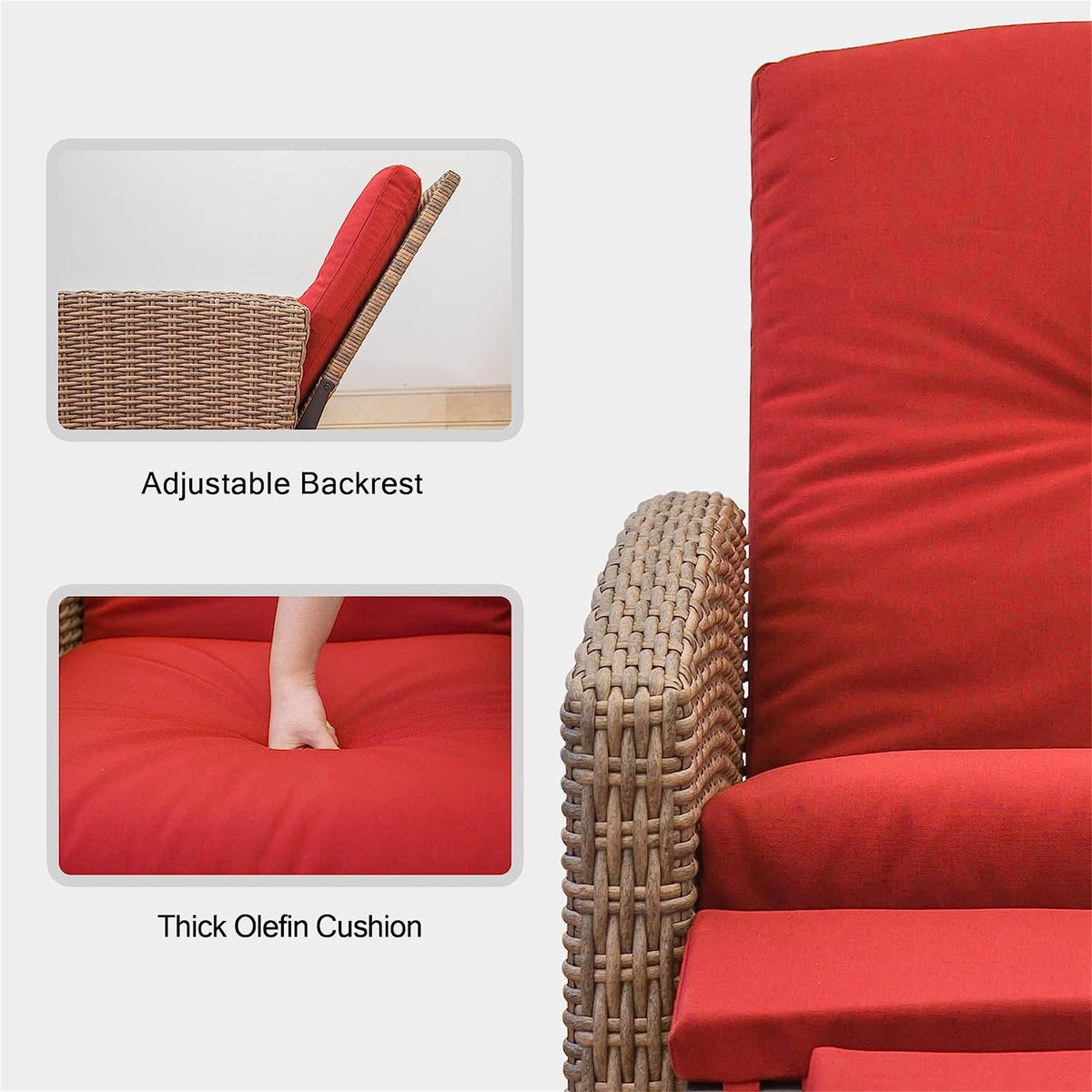 Indoor & Outdoor Recliner, All Weather Wicker Reclining Patio Chair, Red Cushion Red,1 Chair Red Rattan