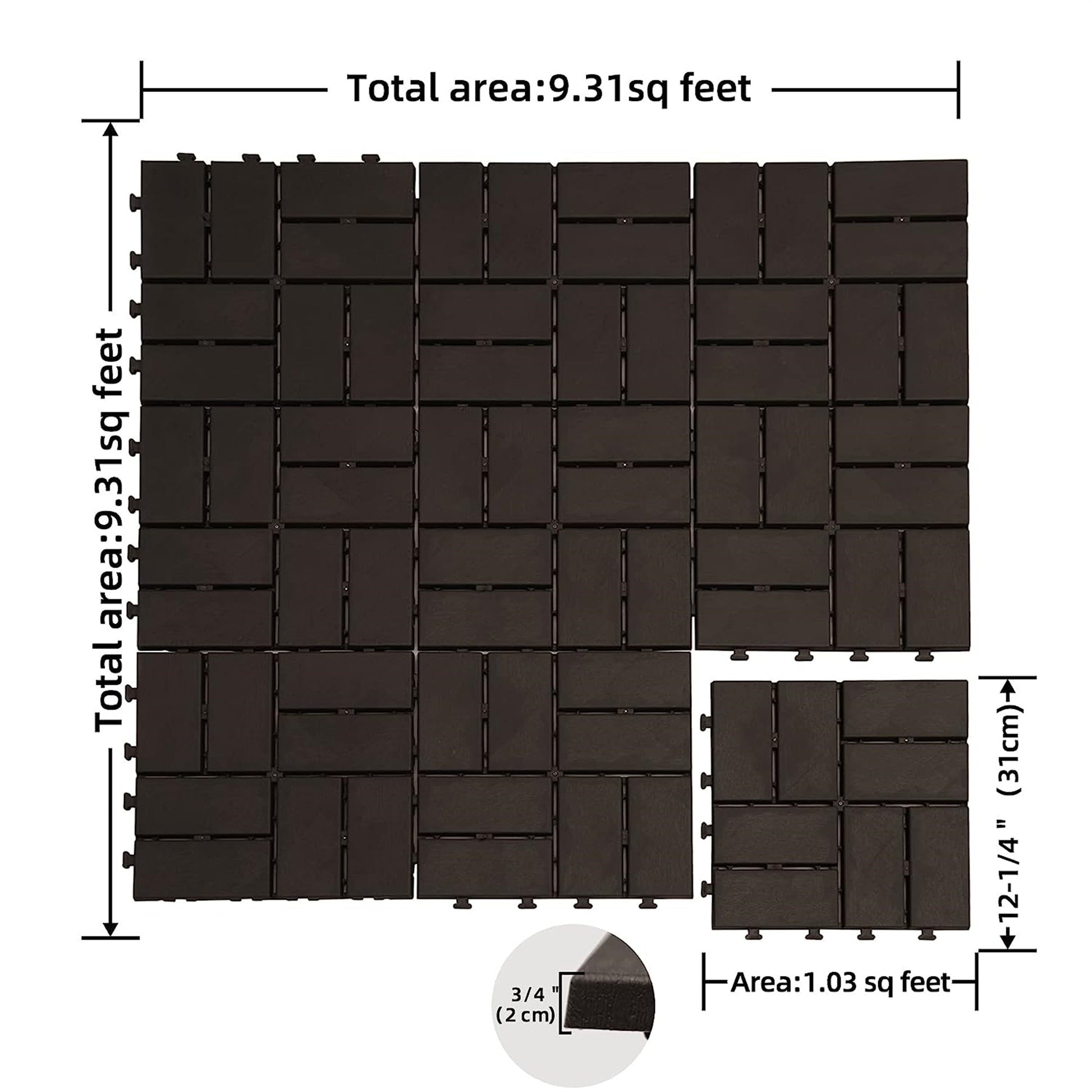 Patio Interlocking Deck Tiles, 12"X12" Square Composite Decking Tiles, Four Slat Plastic Outdoor Flooring Tile All Weather For Balcony Porch Backyard Brown, Pack Of 9 Brown Plastic
