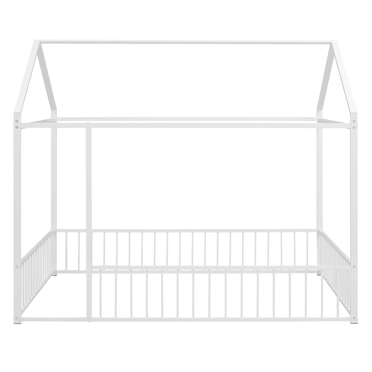 Full Size Metal Bed House Bed Frame With Fence, For Kids, Teens, Girls, Boys,White White Metal