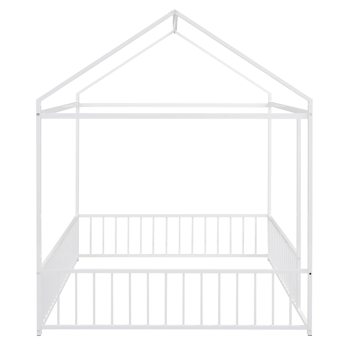 Full Size Metal Bed House Bed Frame With Fence, For Kids, Teens, Girls, Boys,White White Metal