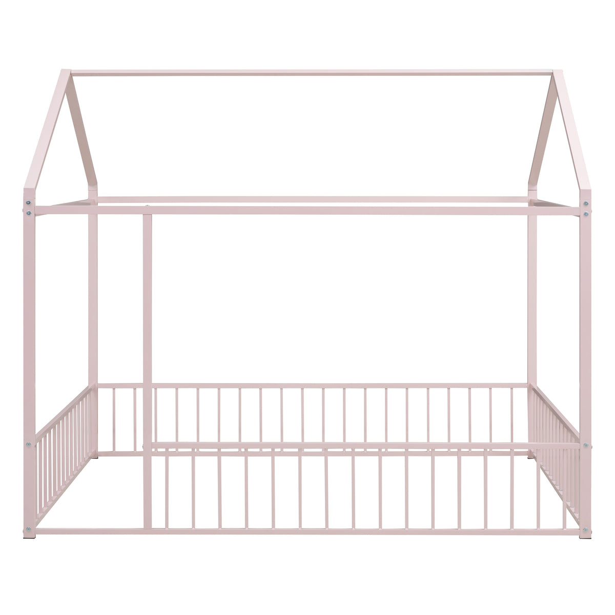 Full Size Metal Bed House Bed Frame With Fence, For Kids, Teens, Girls, Boys,Pink Pink Metal