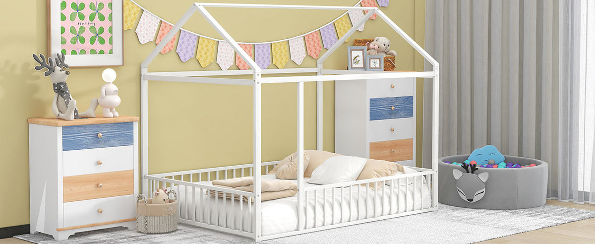 Full Size Metal Bed House Bed Frame With Fence, For Kids, Teens, Girls, Boys,White White Metal