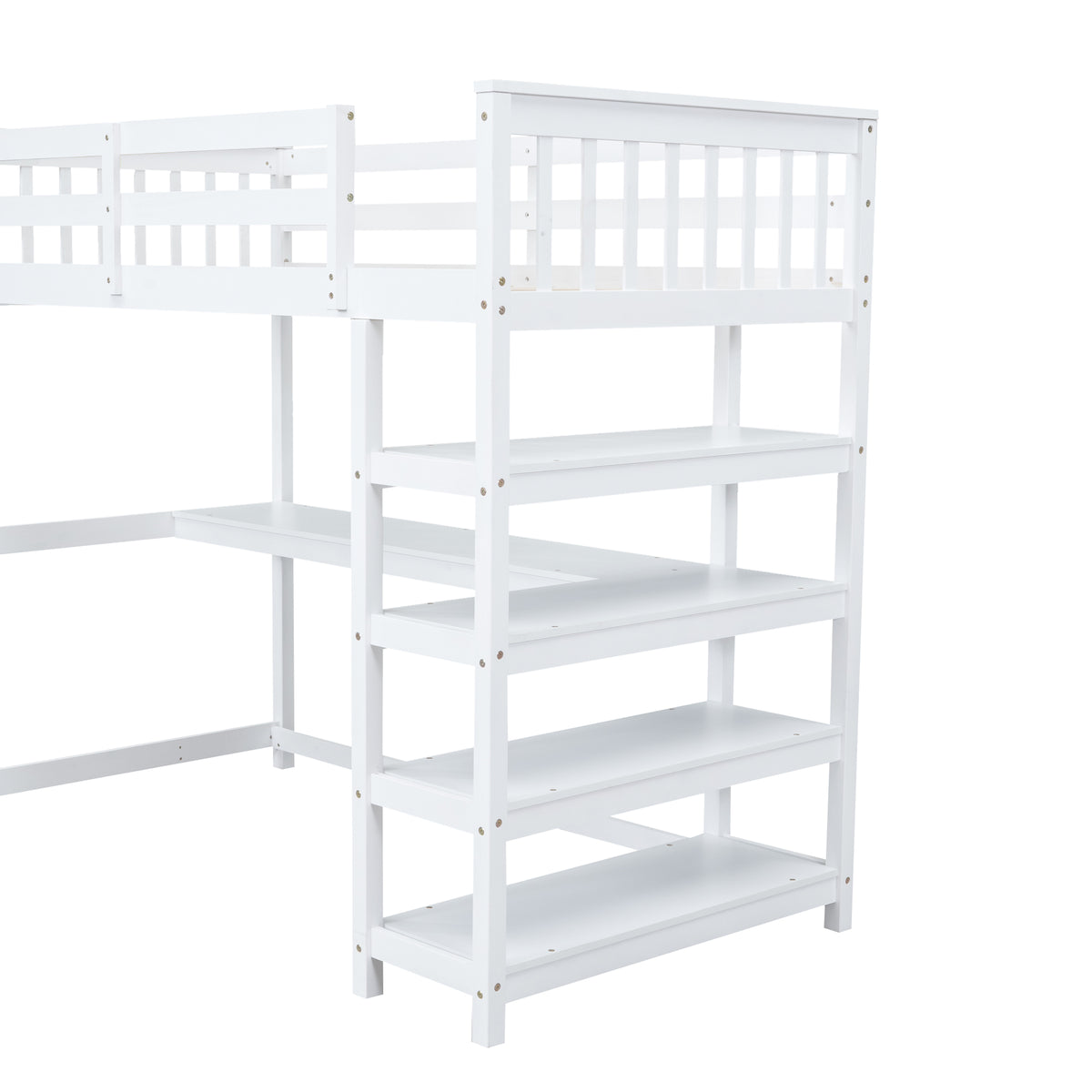 Twin Size Loft Bed With Storage Shelves And Under Bed Desk, White White Pine