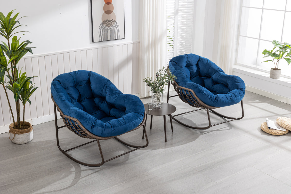 Outdoor Rattan Rocking Chair,Padded Cushion Rocker Recliner Chair Outdoor For Front Porch, Living Room, Patio, Garden, Navy Blue Navy Blue Cotton Steel
