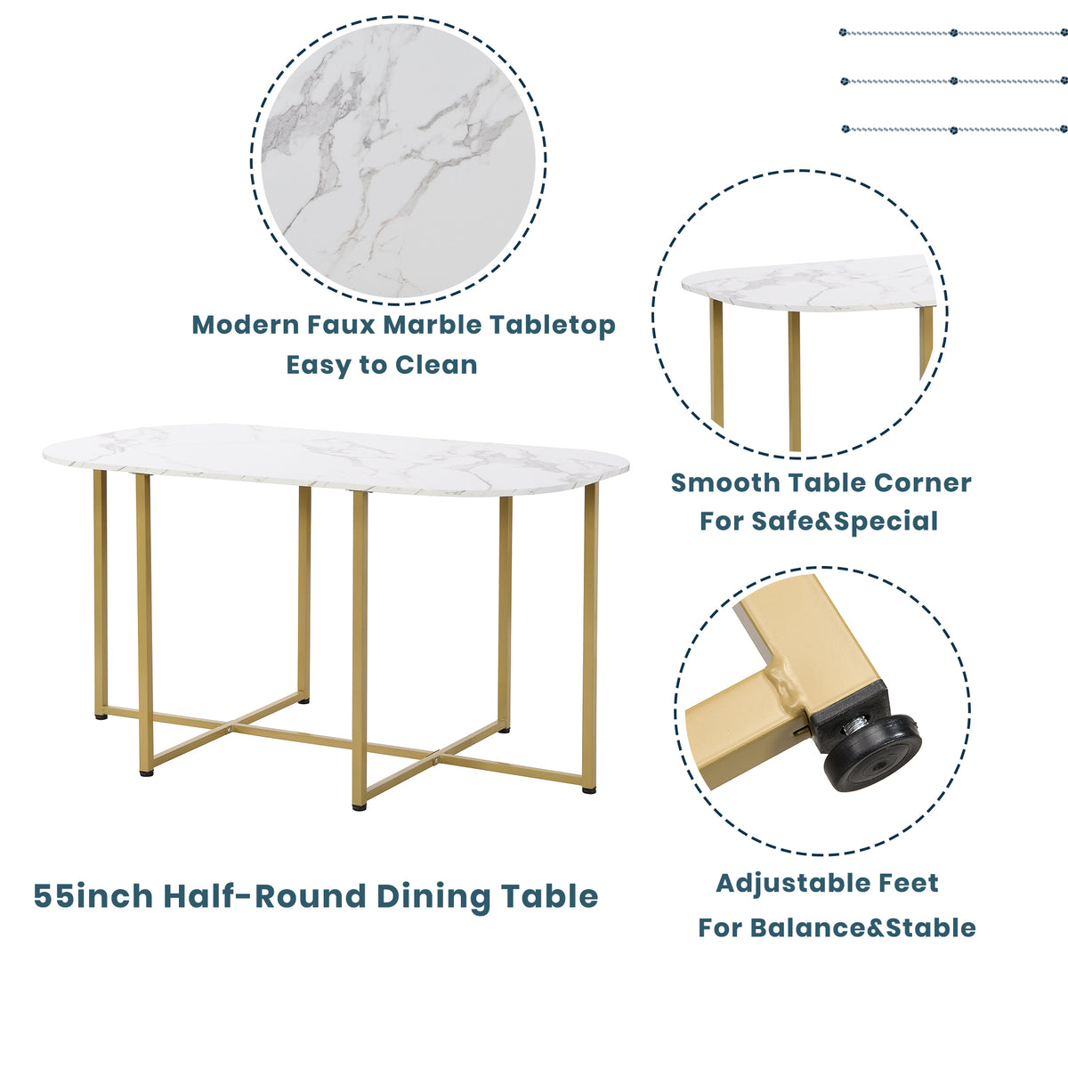 Modern 7 Piece Dining Table Set With Faux Marble Compact 55Inch Kitchen Table Set For 6, Golden White Metal Golden White Seats 6 Metal Dining Room Modern Dining Table With Chair Iron