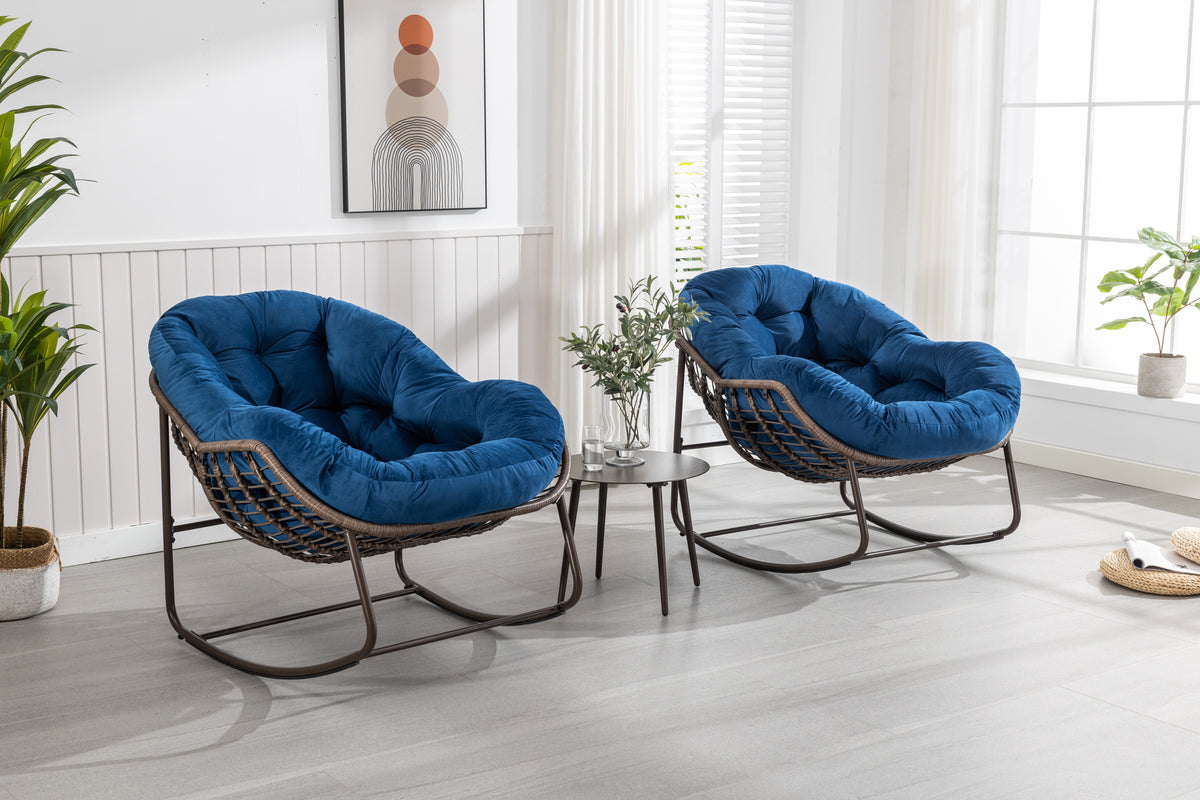 Outdoor Rattan Rocking Chair,Padded Cushion Rocker Recliner Chair Outdoor For Front Porch, Living Room, Patio, Garden, Navy Blue Navy Blue Cotton Steel