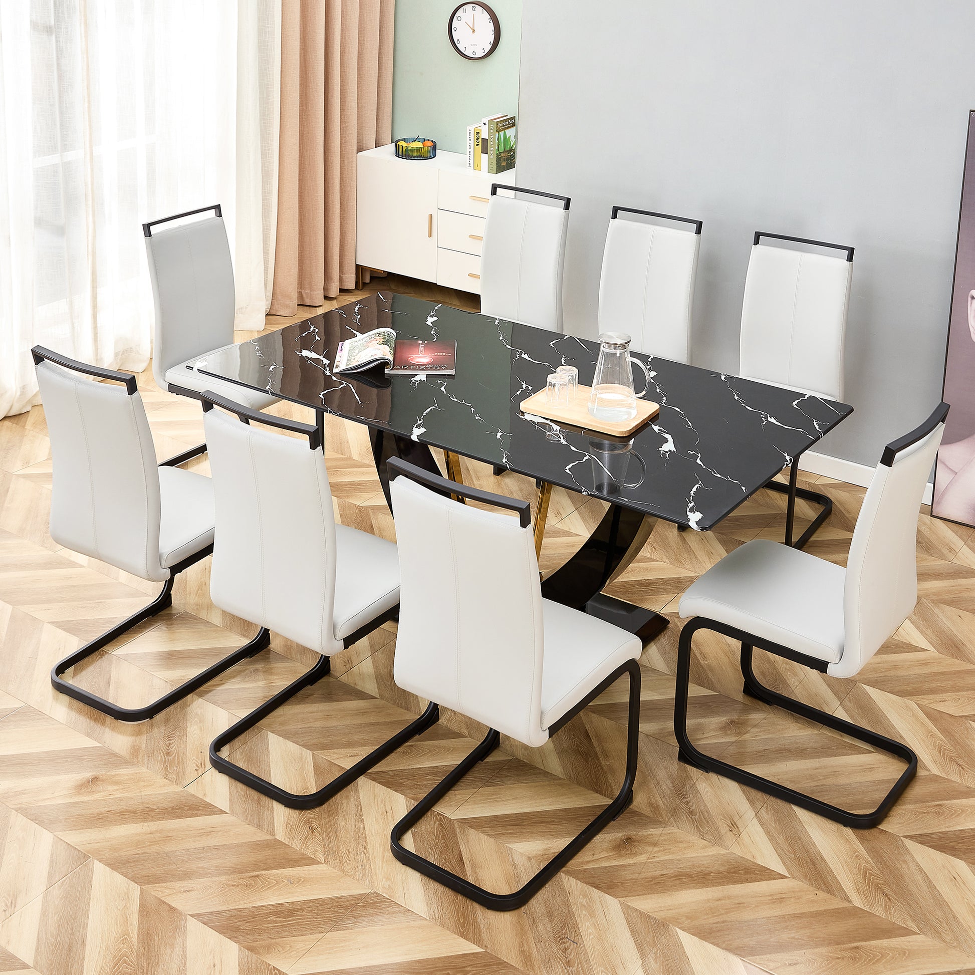 Modern Minimalist And Luxurious Black Imitation Marble Texture Dining Table Rectangular Office Desk.Game Desk .Desk.For Dining Room, Living Room, Terrace, Kitchen F 907 Black Mdf