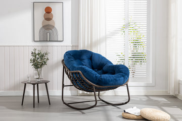 Outdoor Rattan Rocking Chair,Padded Cushion Rocker Recliner Chair Outdoor For Front Porch, Living Room, Patio, Garden, Navy Blue Navy Blue Cotton Steel