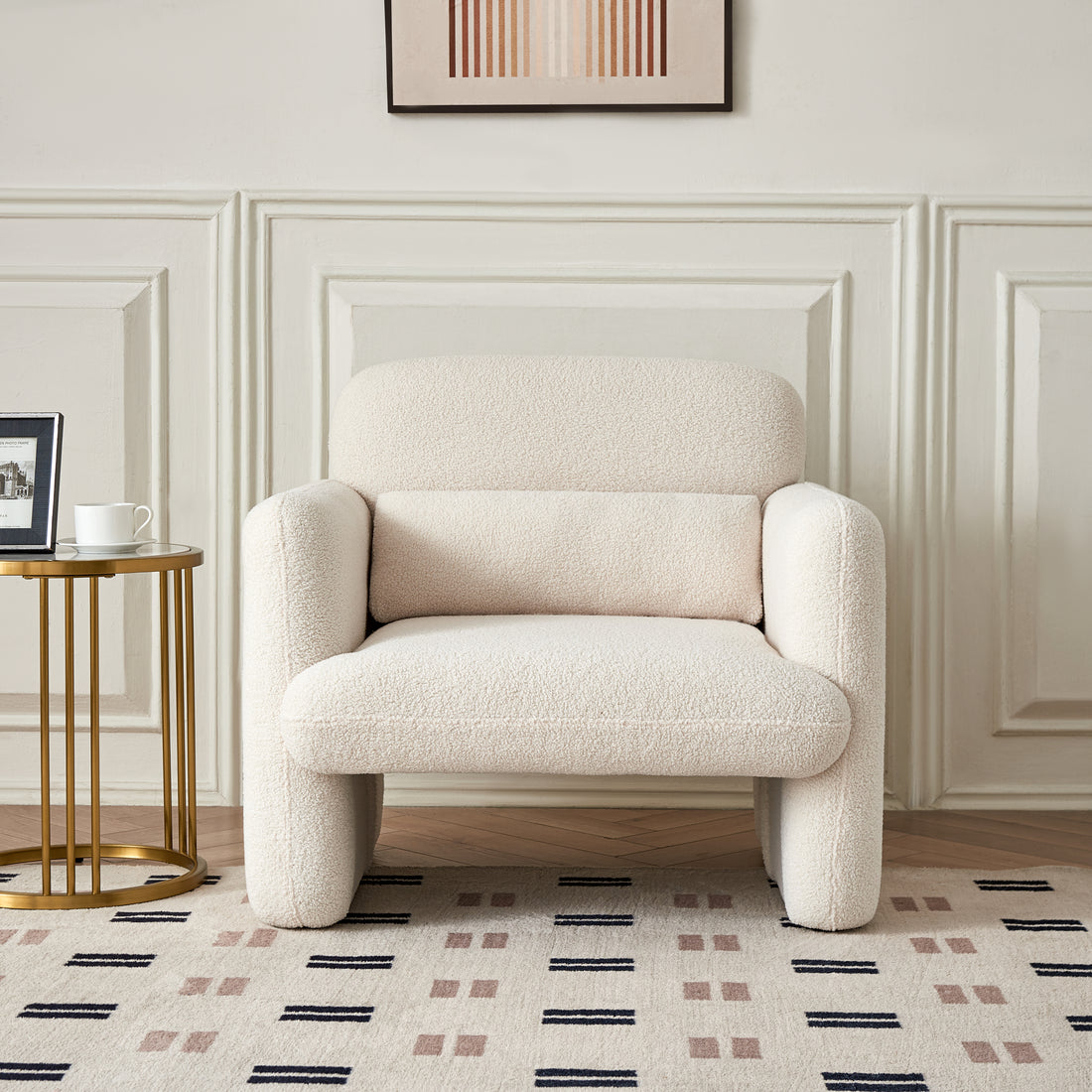 34"Lamb Fleece Fabric Sofa, Modern Single Sofa With Support Pillow For Apartment, Office, Living Room & Bedroom, Tool Free Assembly. Beige Beige Foam Sherpa
