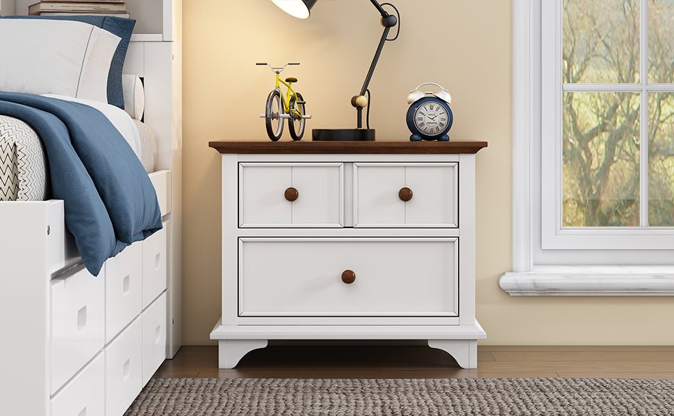 3 Pieces Wooden Captain Bedroom Set Twin Bed With Trundle, Nightstand And Dresser, White Walnut White Walnut Wood