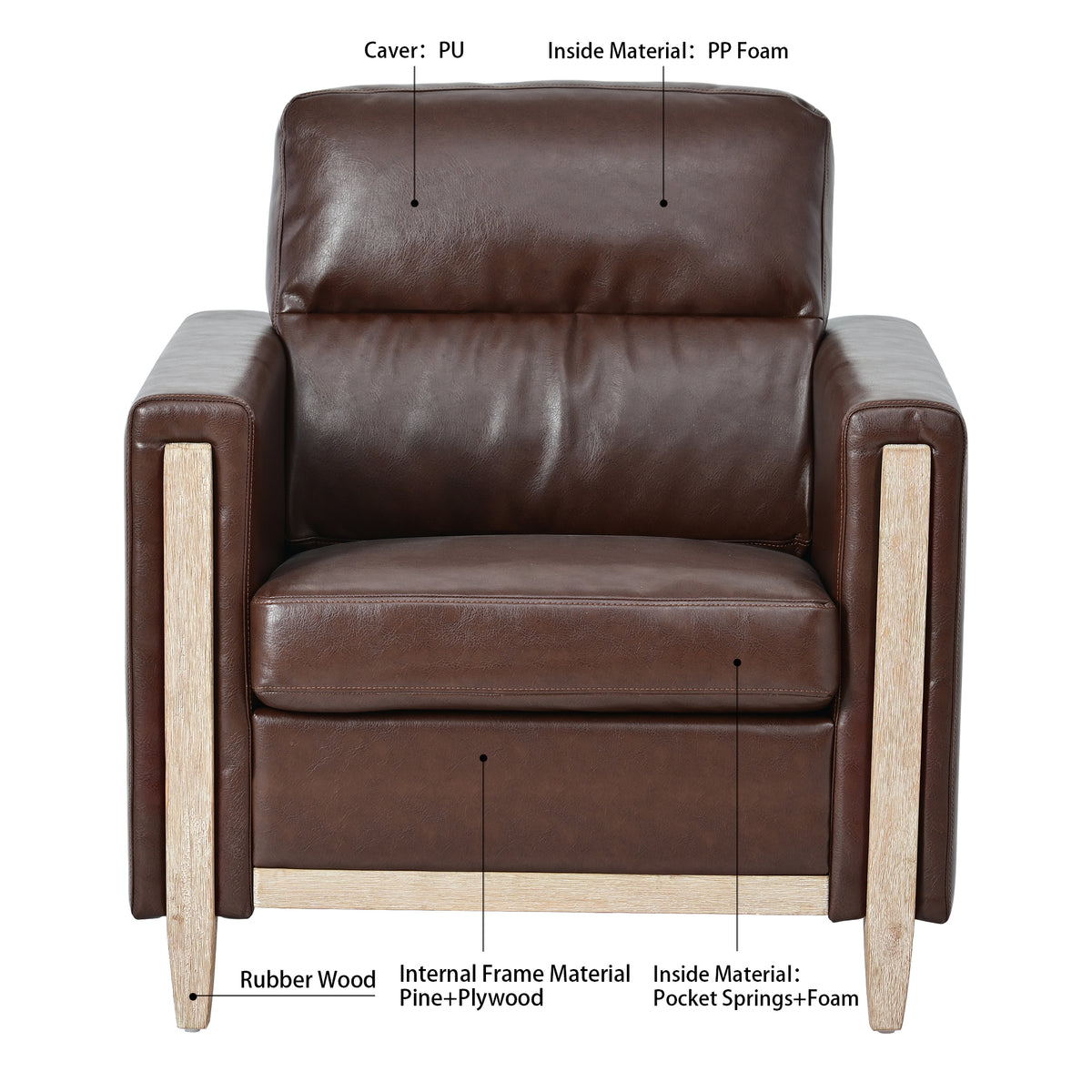1 Seater Sofa For Living Room Brown Pu Pu
