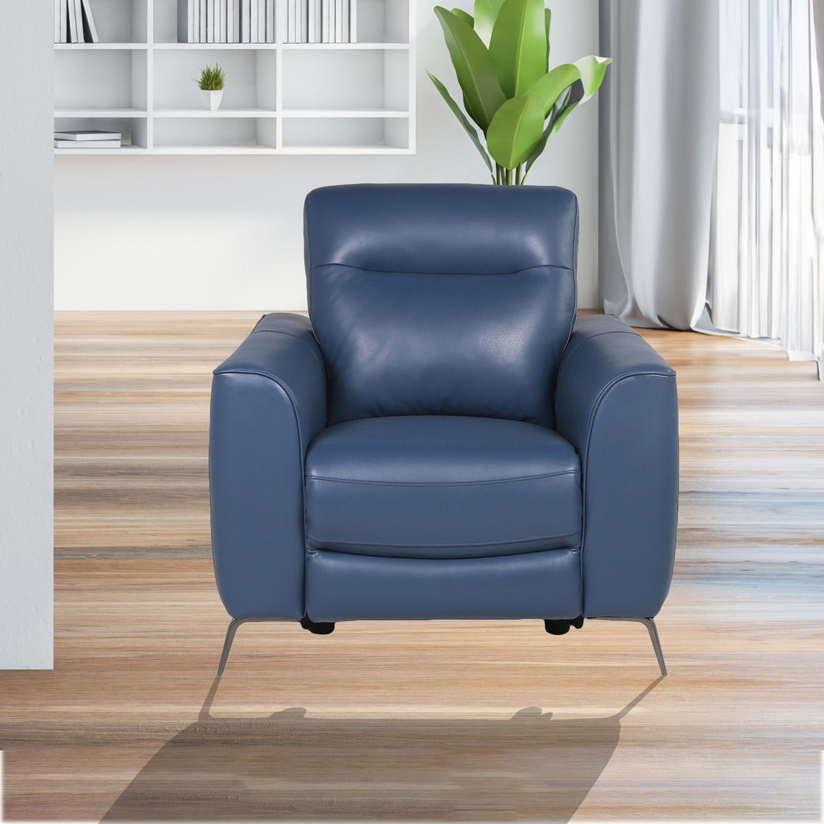 Fashionable Ocean Blue Leather Reclining Chair Dual Power Mechanism, High Leg Style Stylish Comfort Package Dark Blue Foam Leather
