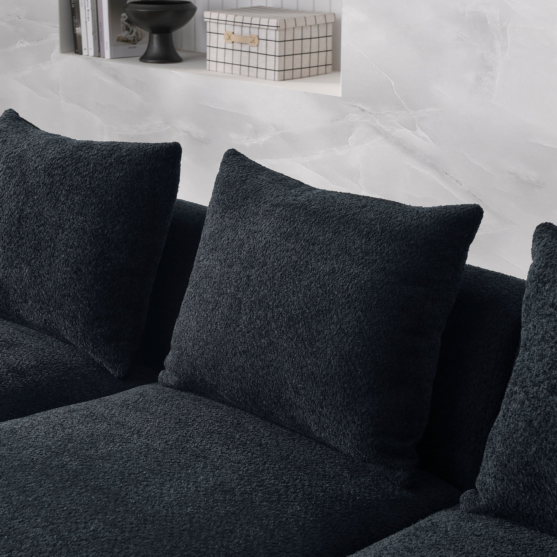 L Shape Sectional Sofa Including Two Single Seats, Left Side Chaise And Two Ottomans, Modular Sofa, Diy Combination, Loop Yarn Fabric, Black Black Polyester Wood Medium Soft Tight Back Eucalyptus Square Arms Polyester 5 Seat