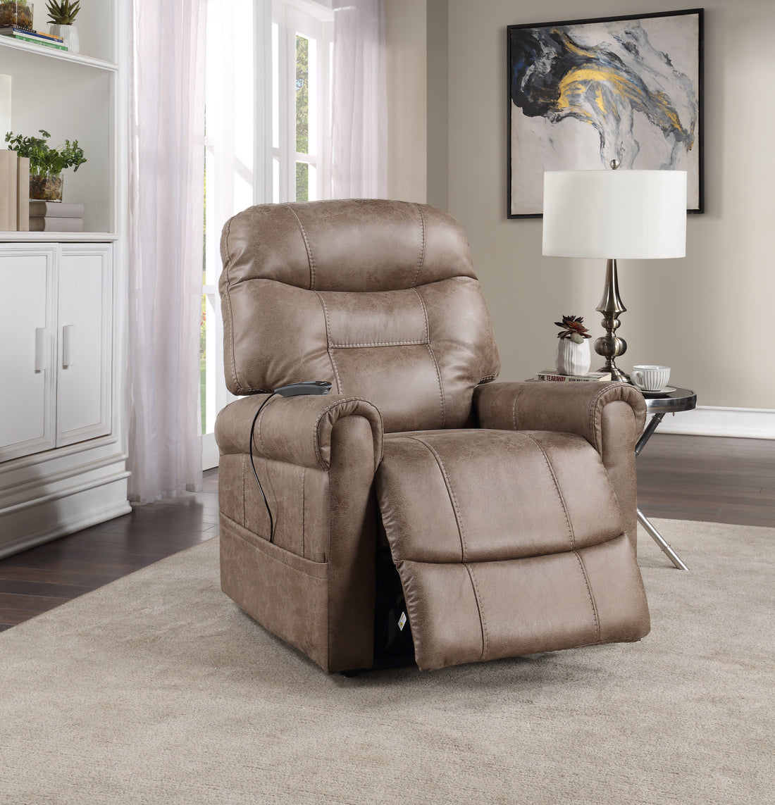 Classic Rolled Arm Power Lift Chair Recliner Heat, Adjustable Massage Plush Seating, High Grade Polyester Fabric Camel Foam Fabric