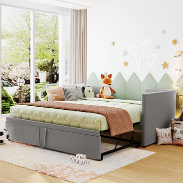 Twin Size Upholstered Daybed With Pop Up Trundle, Gray Twin Gray Upholstered