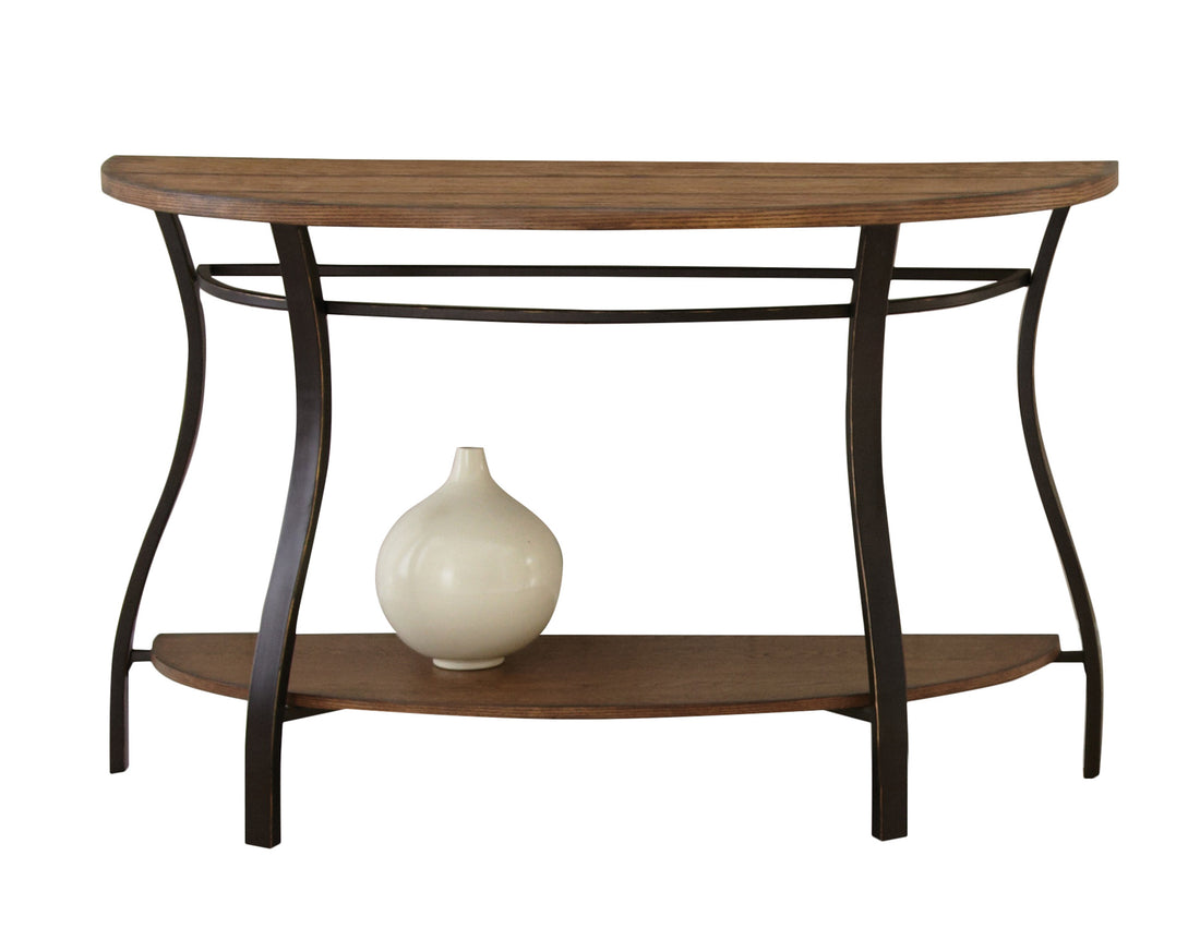 Modern Curves Sofa Table Barn Board Look Wood Top, Oak Finish Charming Addition To Your Living Room Oak Metal