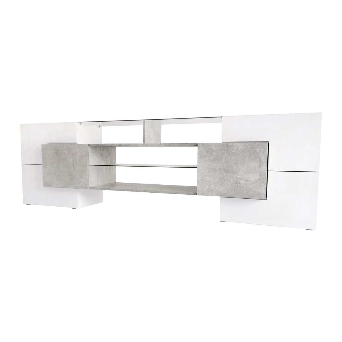 Unique Shape Tv Stand With 2 Illuminated Glass Shelves, High Gloss Entertainment Center For Tvs Up To 88", Versatile Tv Cabinet With Led Color Changing Lights For Living Room, Grey Grey Particle