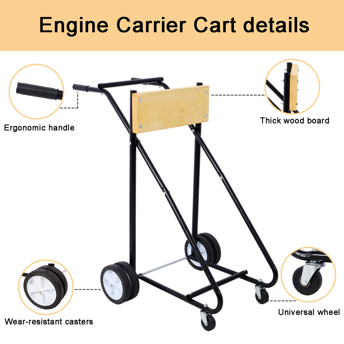 Outboard Boat Motor Stand, Engine Carrier Cart Dolly For Storage, 315Lbs Weight Capacity, W Wheels Wood Black Metal