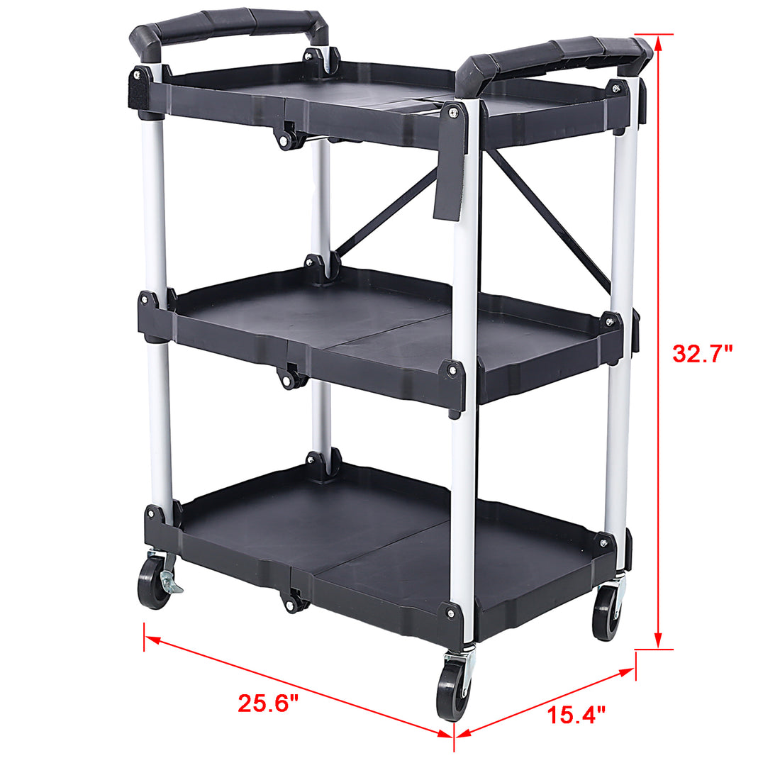 3 Layers Folding Collapsible Service Cart Pack N Roll Folding Collapsible Service Cart, Black, 50 Lb. Load Capacity Per Shelf Black And Silver Iron Plastic