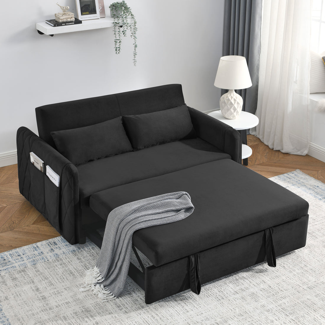 55" Modern Convertible Sofa Bed With 2 Detachable Arm Pockets, Velvet Loveseat Sofa With Pull Out Bed, 2 Pillows And Living Room Adjustable Backrest, Grid Design Armrests Black Foam Velvet