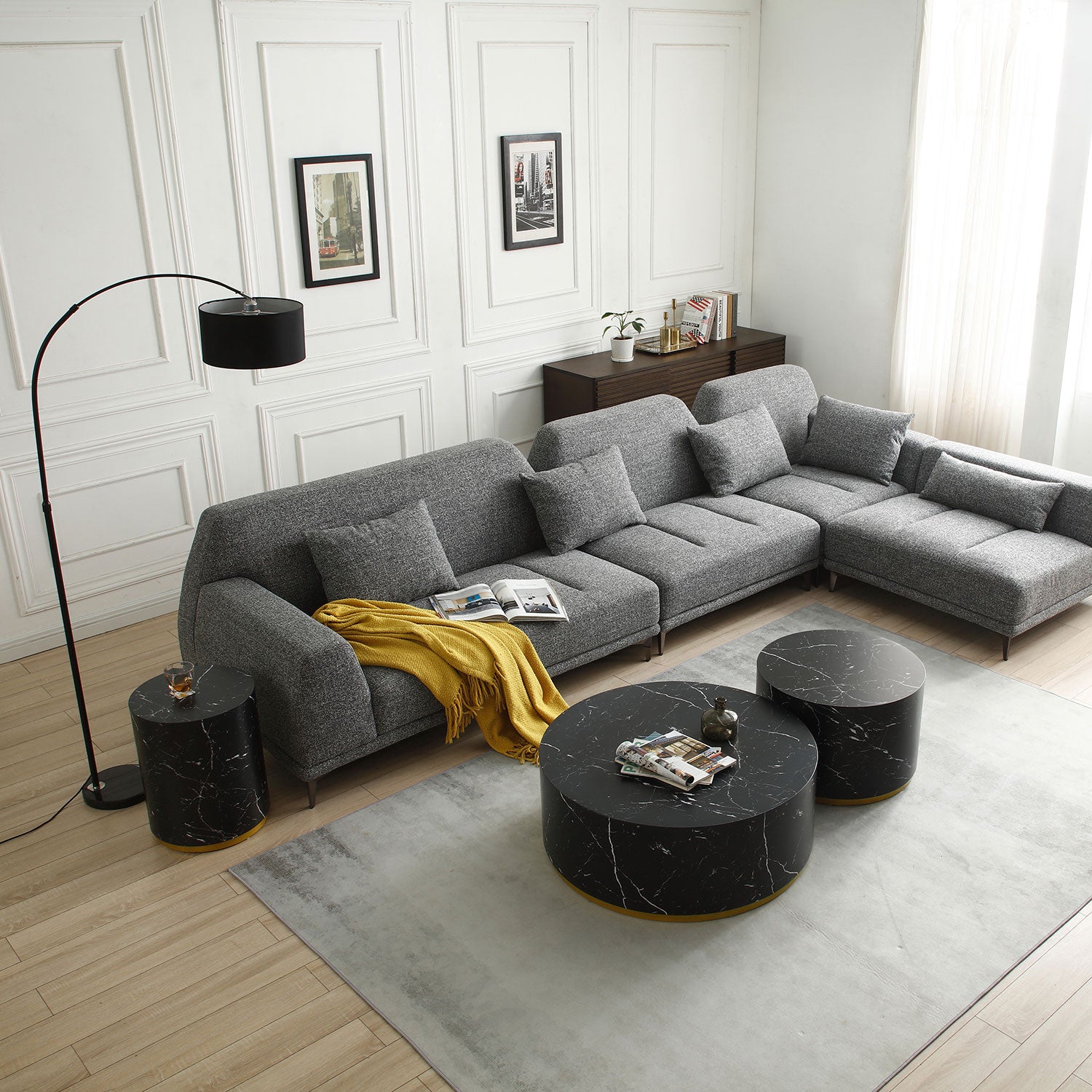 Set Of 3 Black Marble Pattern Round Coffee Table Side Table End Table Set For Living Room Fully Assembled Black Mdf