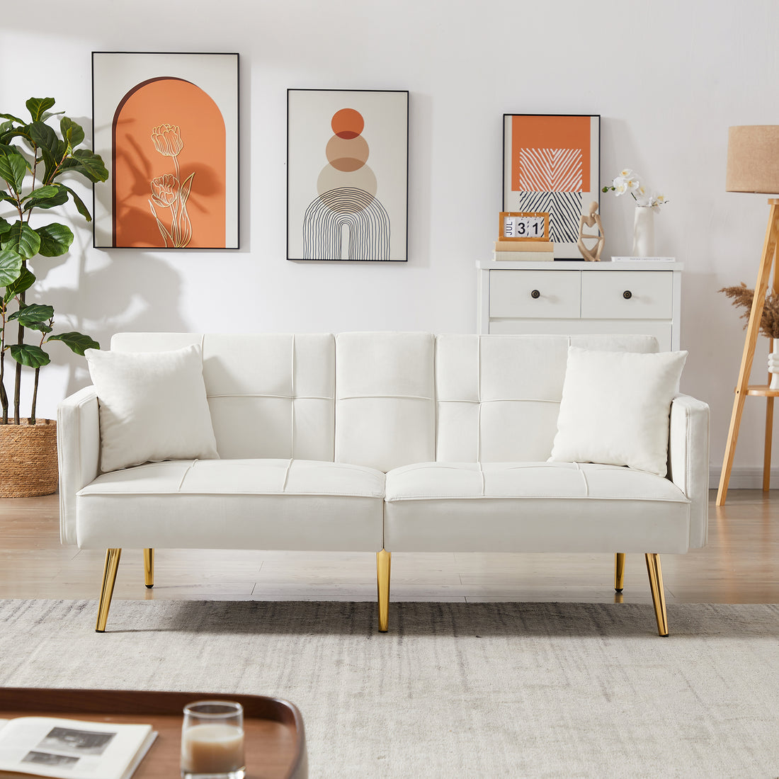Cream White Velvet Futon Sofa Bed With Gold Metal Legs Cream White Velvet Wood Tufted Back Eucalyptus Square Arms Foam Velvet 2 Seat