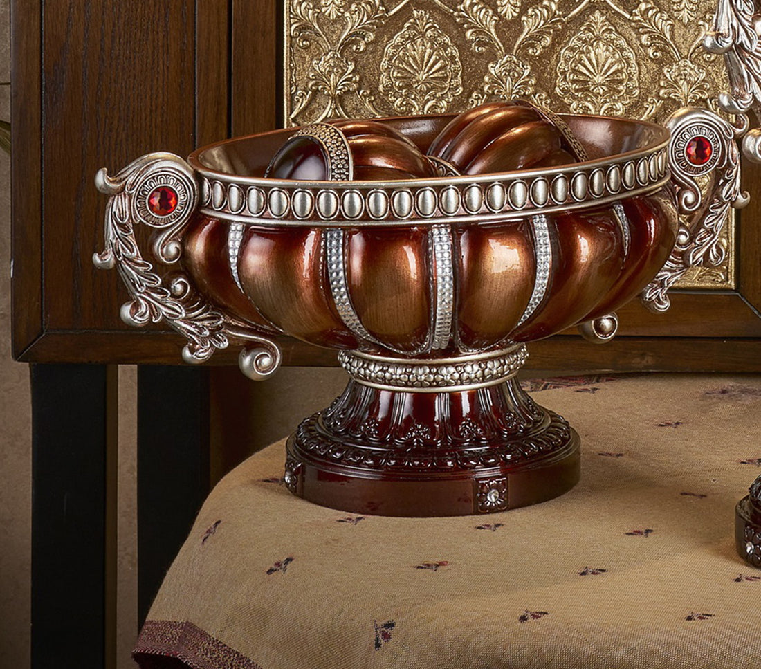 8.75" Tall" Delicata" Footed Decorative Bowl, Bronze With Silver Accents Bronze Polyresin