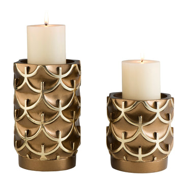 5.5" And 8" Tall Polyresin "Mystic Owl" Candleholder, Golden Finish Set Of 2 Gold Polyresin