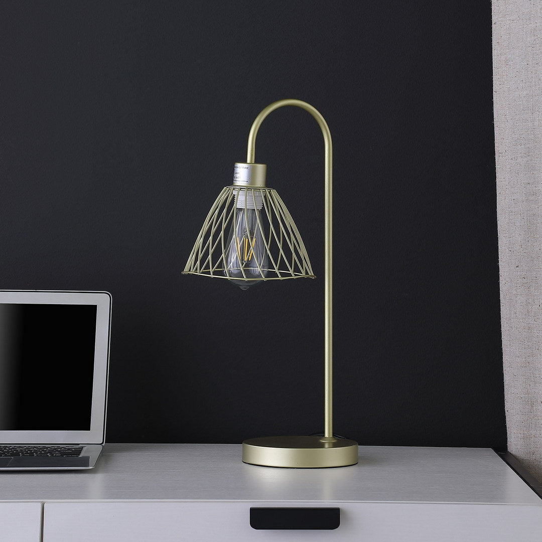20.5" In Industrial Farm Pendant Cage Satin Matte Gold Metal Table Lamp Gold Metal
