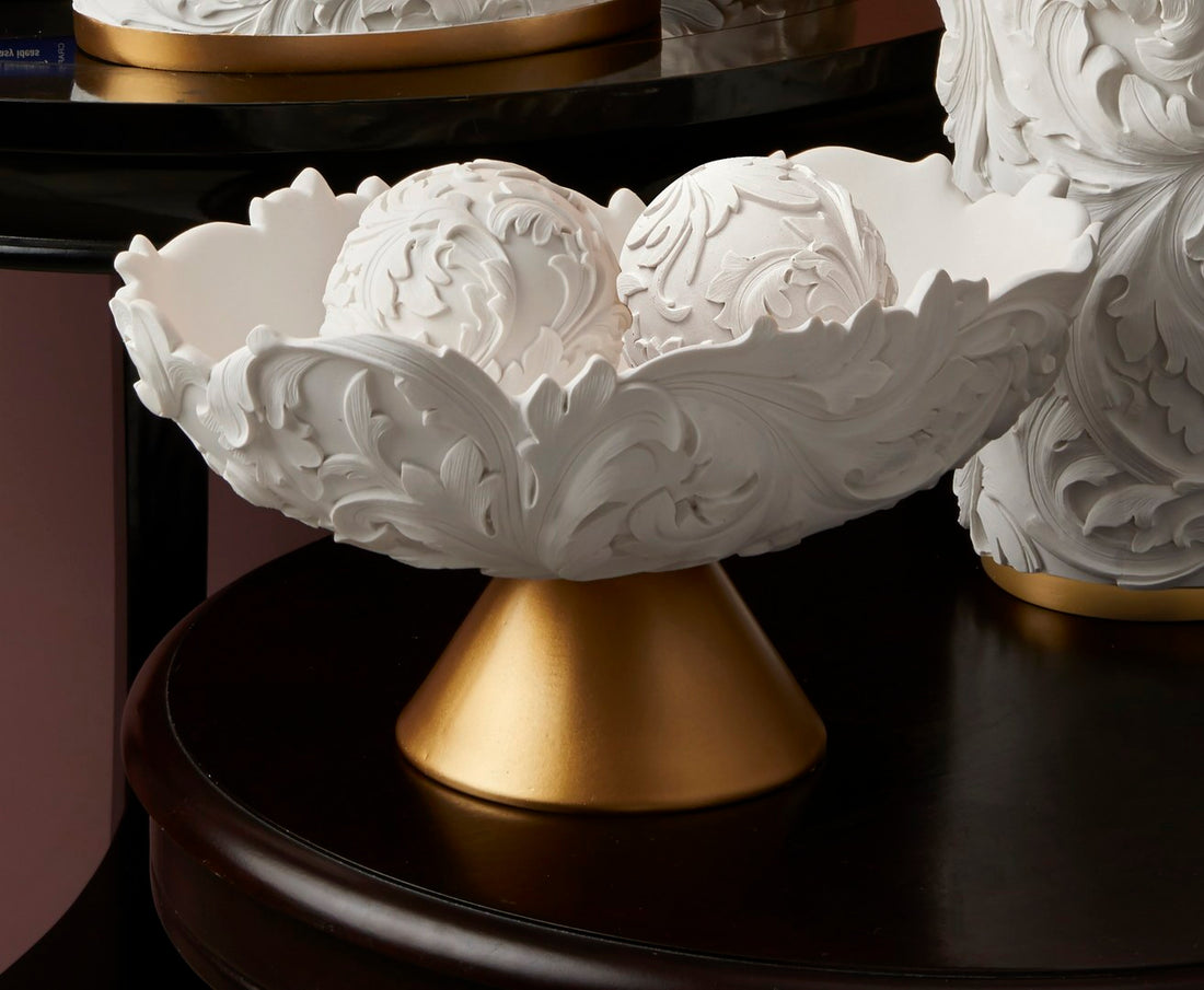 8.75" Alba White Gold Baroque Scroll Bowl W Spheres Gold Polyresin