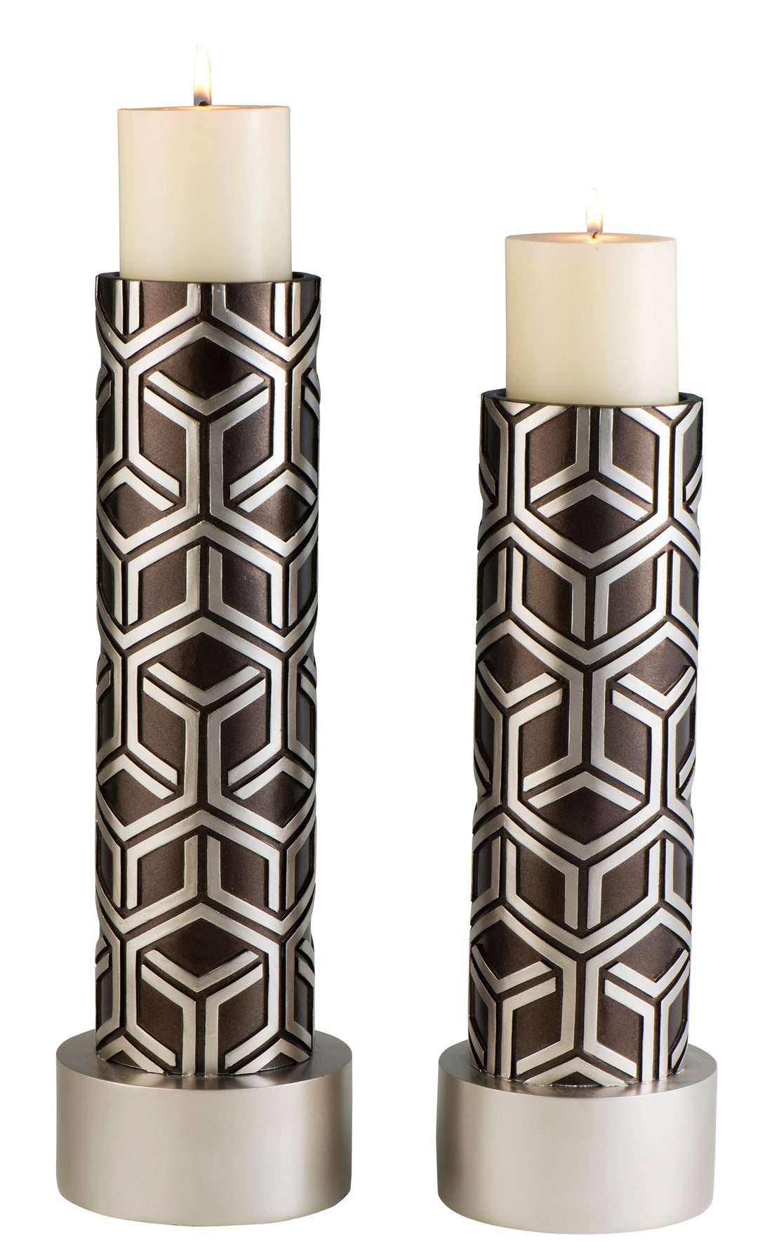 14" And 16" Tall Polyresin Candleholder, Espresso And Silver Finish Set Of 2 Multicolor Polyresin