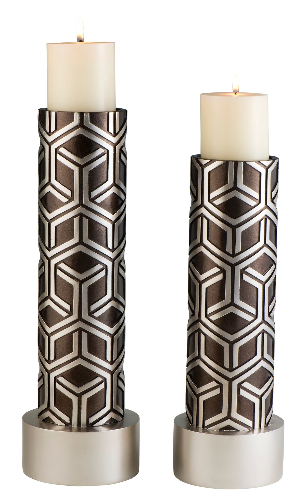 14" And 16" Tall Polyresin Candleholder, Espresso And Silver Finish Set Of 2 Multicolor Polyresin