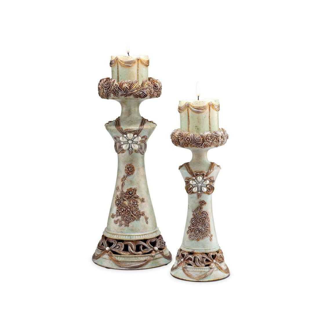 11.75" And 15.5" Polyresin Candleholder, Vintage Rose Design Set Of 2 Beige Polyresin