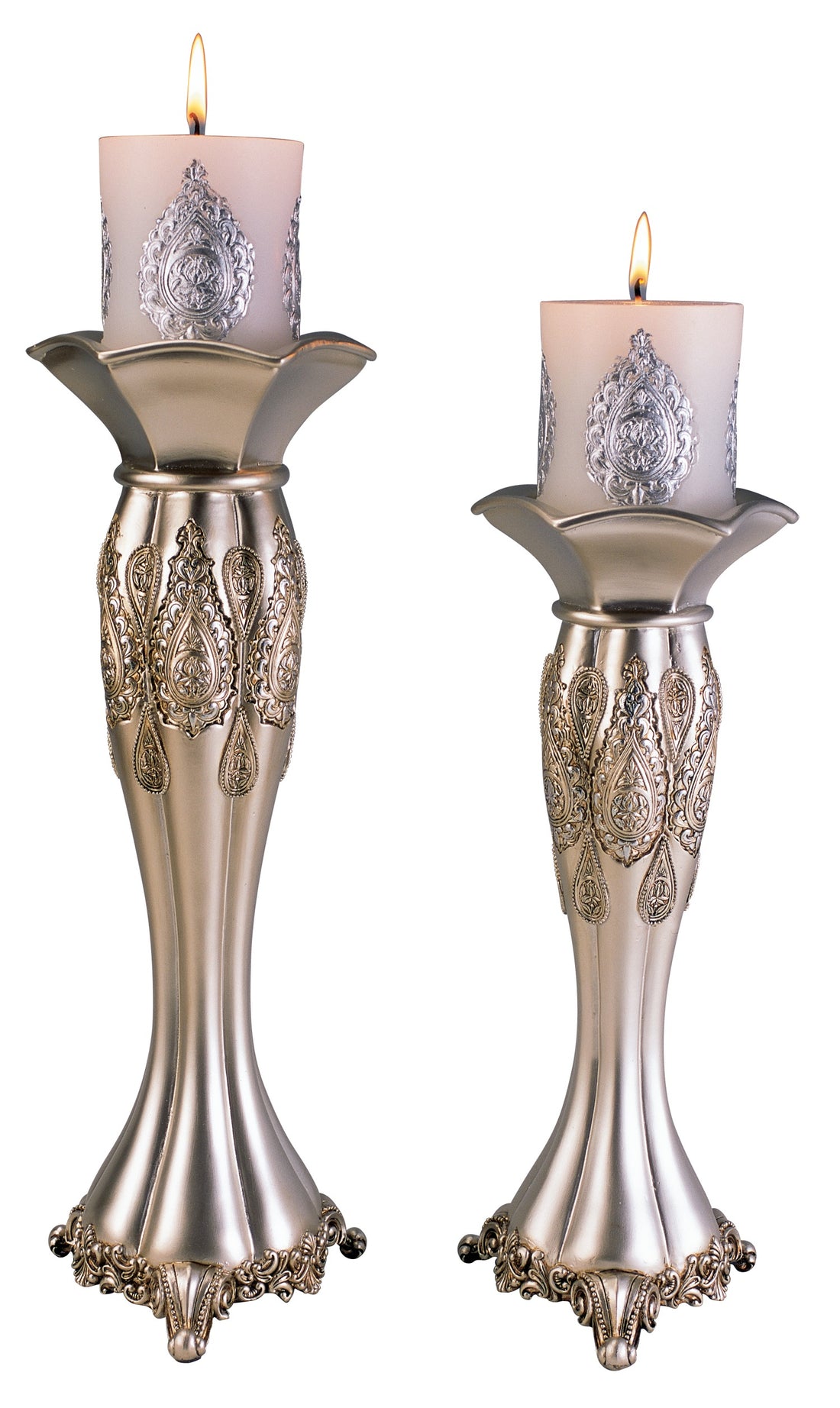 12" And 14" Tall Polyresin Candleholder, Silver Royal Design Set Of 2 Silver Polyresin